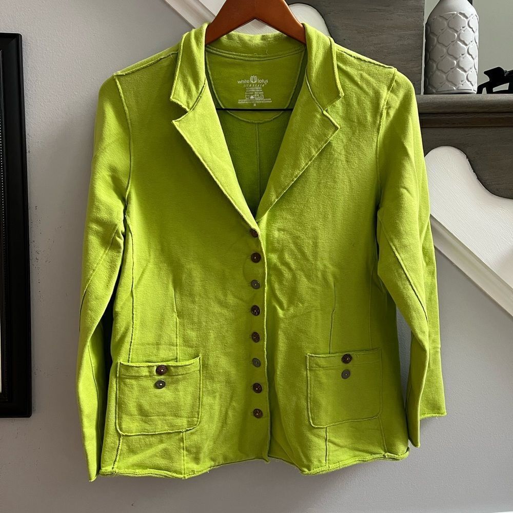 White Lotus Lime Mismatch Button Jersey Jacket sz M EUC